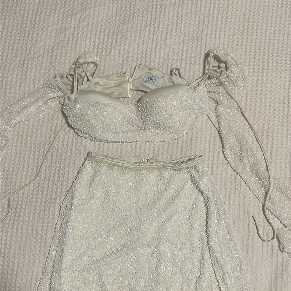 Oh Polly White Beaded Crop Top and Skirt Set